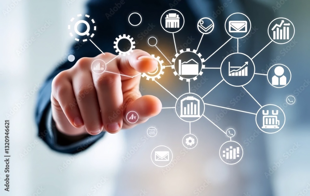Poster innovation at your fingertips hand interacting with a digital interface displaying interconnected ic