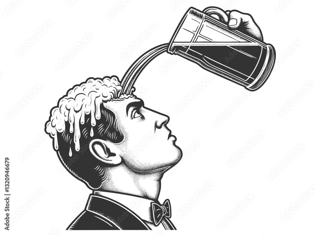 Poster man in a suit with beer being humorously poured onto his head, forming foam sketch engraving generat