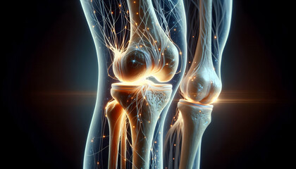 Medical science A 3D anatomical rendering of the knee joint, highlighting the femur and tibia along with the intrica2