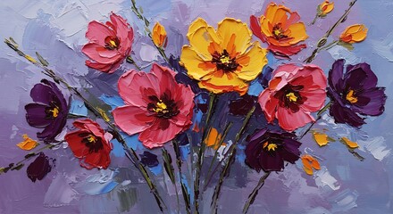 Vibrant impasto floral bouquet painting warm sunset hues. AI Generated