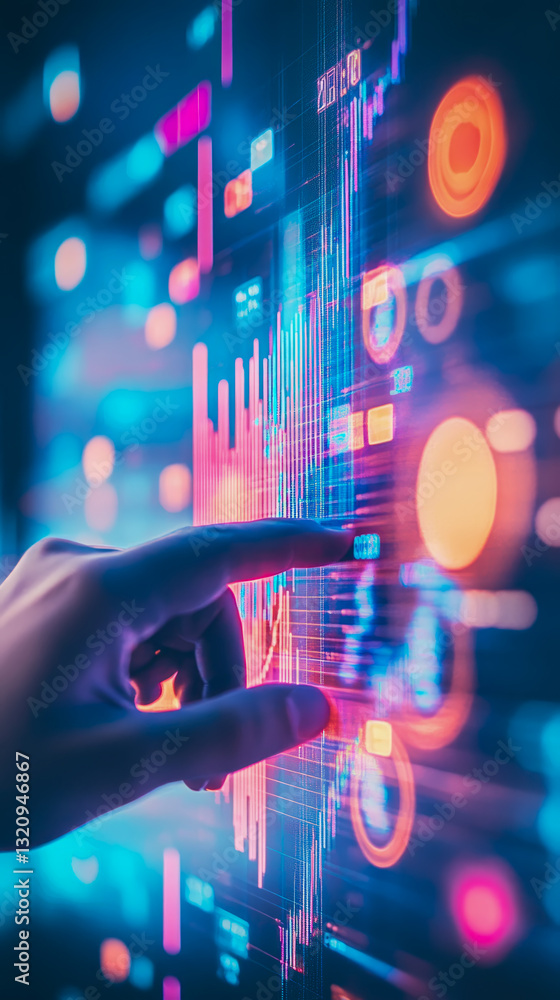 Poster analytics: a hand interacts with glowing data charts, finance tech concept, for web, infographic bac