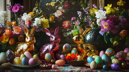Fototapeta premium Colorful chocolate Easter bunnies in shiny foil wrappers, arranged around a festive table with decorated Easter eggs, flowers, and springtime decorations for a joyful celebration.