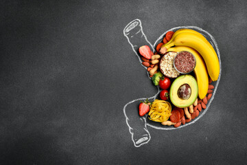Healthy diet for human stomach: oatmeal, flax, banana, green broccoli, fresh avocado and other...