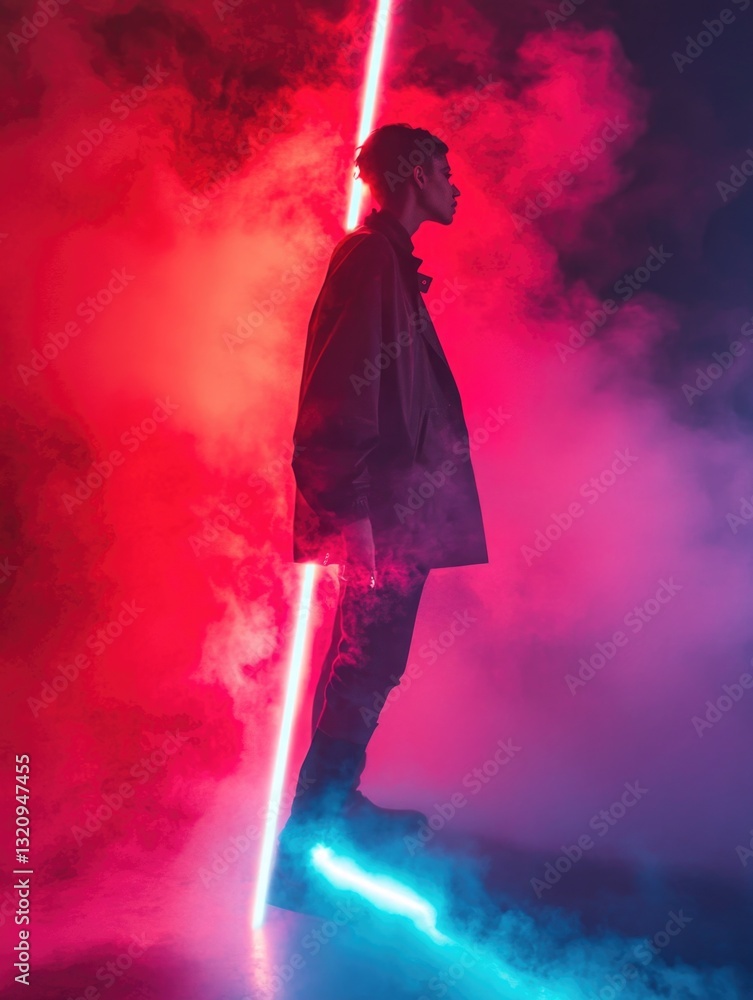 Aufkleber a person stands in front of colorful lighting, ready for a performance or event