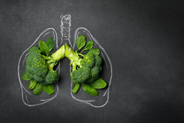 Green broccoli shaped in human lungs. Conceptual image, Human lungs. Respiratory system. Healthy...