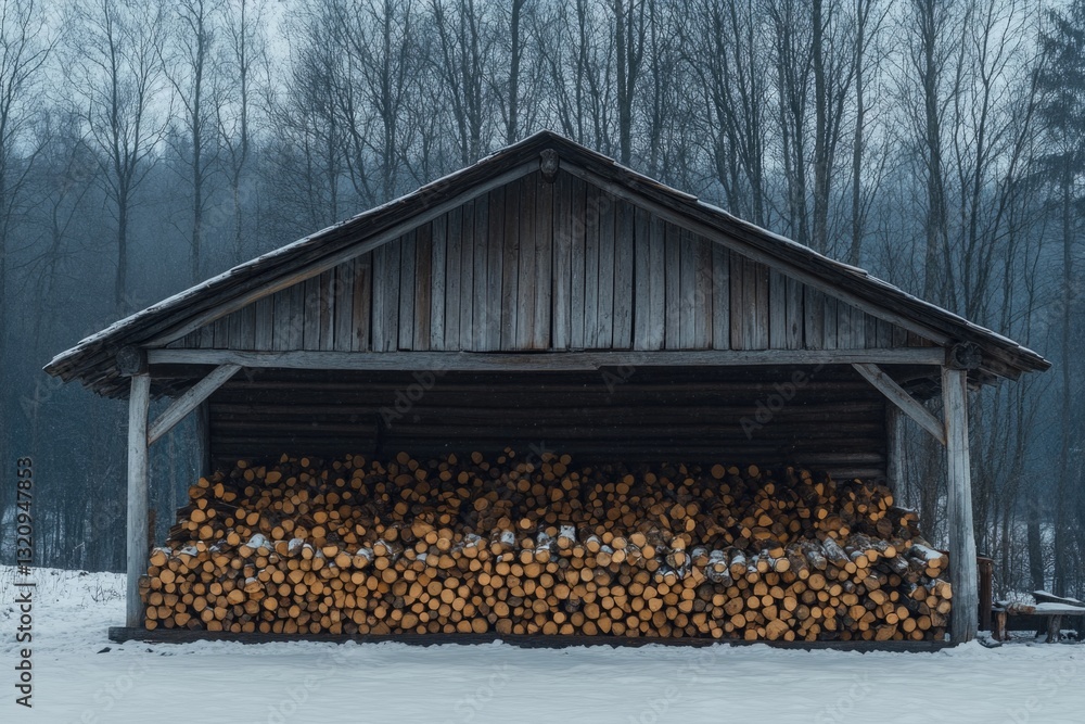 Poster A pile of logs sits outside a building, great for use in architectural or rustic-themed contexts