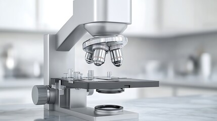 Ultra-detailed close-up of a laboratory microscope with stainless steel finish