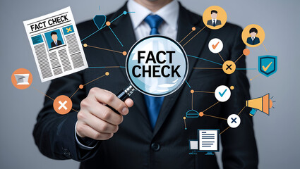 Man using magnifier and virtual touch screen sees inscription: FACT CHECK. Concept of thorough fact-checking or easy compare evidence. Fact check, journalist investigation,