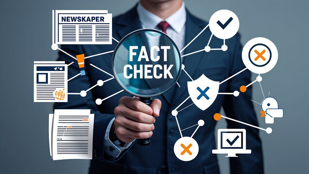 Man using magnifier and virtual touch screen sees inscription: FACT CHECK. Concept of thorough fact-checking or easy compare evidence. Fact check, journalist investigation,