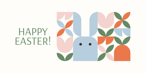 Easter horizontal banner, card or poster template with greeting text and ornament with bunny in bauhaus style. 