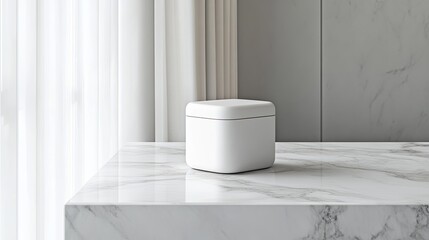 A minimalist food container styled on a smooth marble countertop with branding space. pic