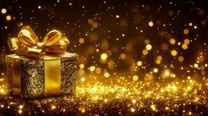 Concept: Golden Holiday Cheer: An opulent gift with a glittering bow for a festive celebration.