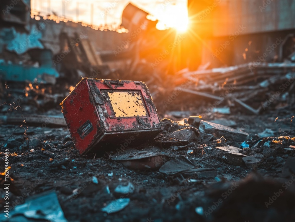 Poster a small red box sits atop a pile of rubble, potentially containing important items