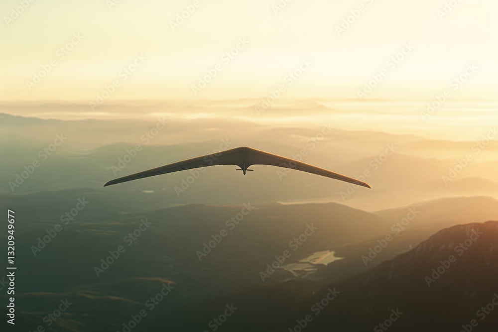 Poster a bird soaring through the sky above a mountain range during sunset, perfect for use in travel or ad