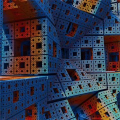 Fractal design showcasing a complex city-like structure built from interconnected cubes in shades of orange and blue