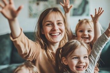 Fototapeta premium A radiant mother and her two cheerful daughters raise their hands in joy, radiating happiness and capturing a moment of pure, unadulterated family bliss.