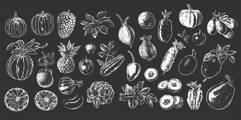 Chalk drawing of various fruits and vegetables on a blackboard background.