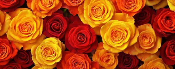 Naklejka premium Vibrant red and yellow roses in full bloom covering entire background