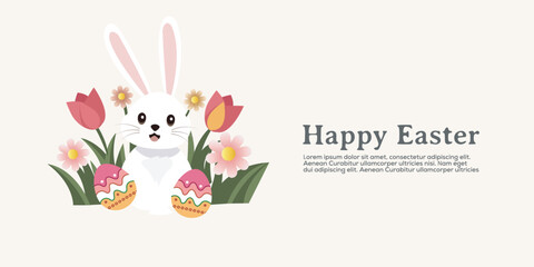 Happy Easter greeting with bunny, colorful eggs, flowers, grass, and text. Happy Easter. Happy Easter design, vector.
