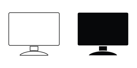 Computer Monitor Silhouette and Outline Vector Illustration, isolated on white background.
