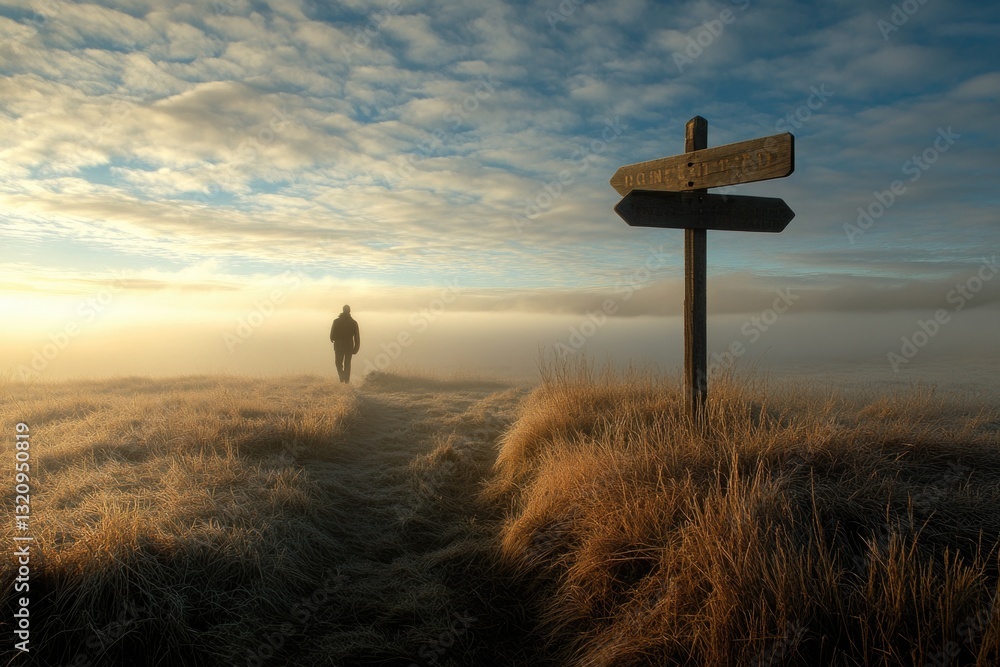 Poster a person stands in a field next to a directional sign, providing directions or information