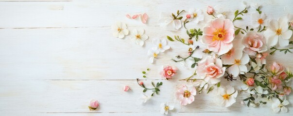 Soft pink and white flowers on weathered white wooden background with delicate green accents