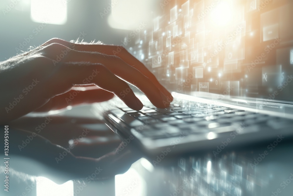 Poster fingers typing on a keyboard with holographic digital elements, illustrating futuristic technology, 