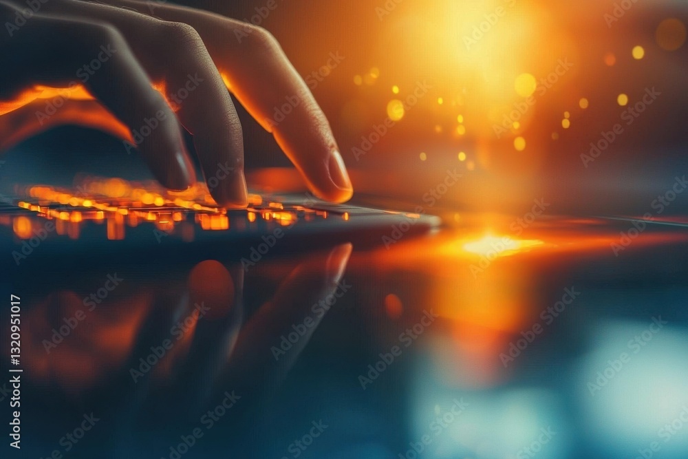 Poster illuminated keyboard with fingers typing against a vibrant orange light, showcasing modern technolog