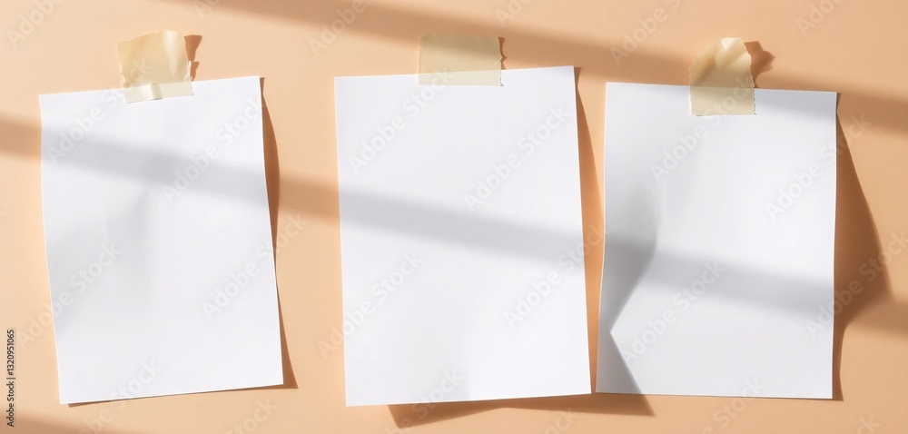 Poster blank white papers, taped to a wall display. three sheets, slightly askew, create depth with soft sh