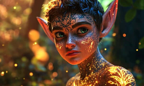 Enchanted forest scene featuring a young elf with intricate body art, surrounded by magical light