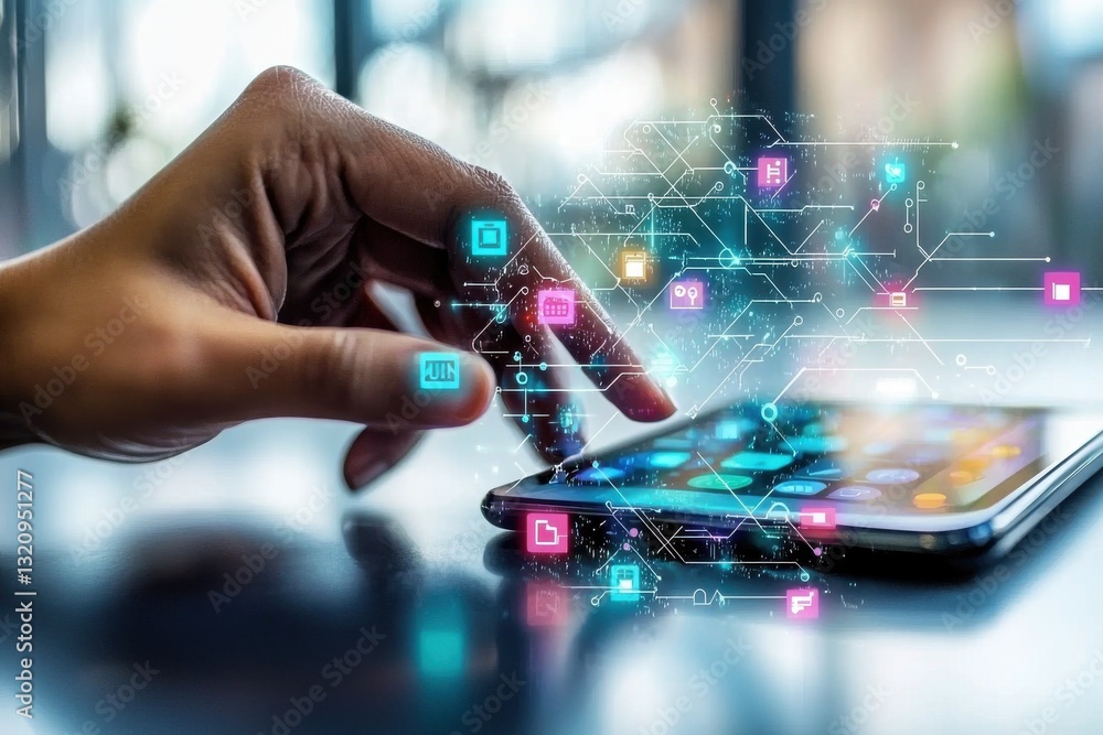 Poster a close-up of a hand touching a smartphone screen with vibrant app icons and digital network overlay