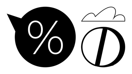 Bold percentage sign in a speech bubble alongside a cloud and rising sun. Ideal for discounts, weather, conversation, progress, economy, statistics, forecasts. Flat simple metaphor