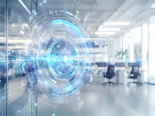 Obraz premium Virtual wireless technology hologram in a modern office setting, showcasing data convergence.