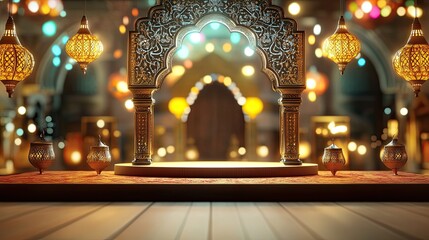 Fototapeta premium 3D Ramadhan podium is in a traditional Ramadan market Show bustling food stalls and glowing lanterns in the background Use mustard yellow, gold, and brown colors Vibrant color