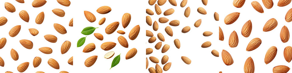Pile of fresh and healthy organic raw almonds with green leaves in the background  Nutritious nuts as a snack ingredient for cooking and baking or for a healthy diet and lifestyle