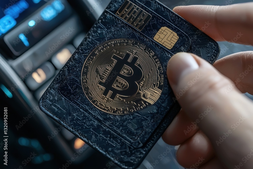 Poster close-up of a hand holding a bitcoin debit card with circuit board design, poised near a payment ter