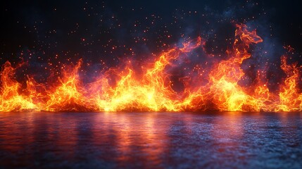Bright fiery flames with orange and red hues isolated against a dark black surface