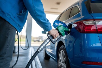 Person refuels blue car at gas station. Driver fills vehicle with diesel fuel. 