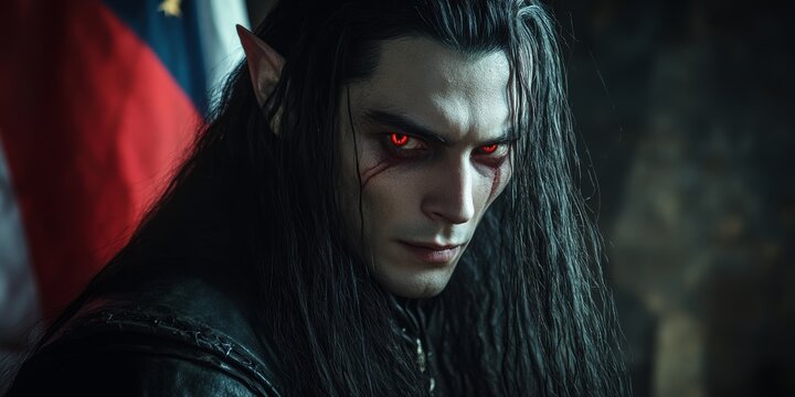 Dark elf with red eyes and pointed ears showing a flag