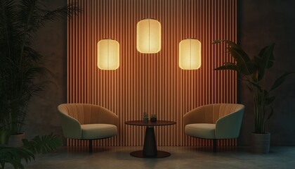 Sustainable Office Lounge Area with Eco-Friendly Design and Warm Lighting, Plants