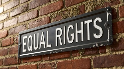 Obraz premium Rustic black street sign displaying Equal Rights in white, affixed to a classic urban brick wall with a rough, aged surface. 