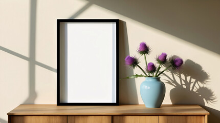 Modern living room featuring a blank canvas on wooden furniture and a vase of purple thistle flowers Interior design inspiration stock photo