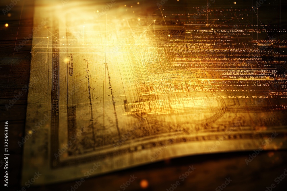 Poster an aged parchment document overlaid with a glowing network of digital data, symbolizing the fusion o