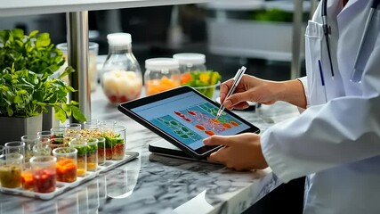 Scientist analyzing food samples on tablet in a modern lab