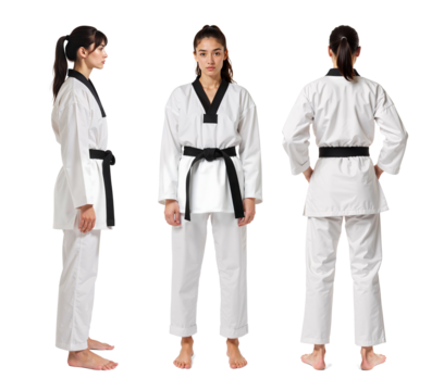 Female Taekwondo athletes in three different view, front side and back view
