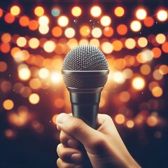 Stand-up comedy vibes with a microphone in front of a blurred bokeh light background, ideal for a poster design for a joke-filled open mic night 
