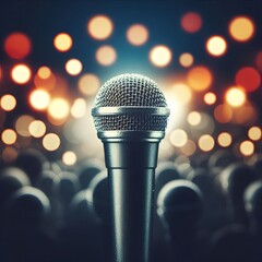 Stand-up comedy vibes with a microphone in front of a blurred bokeh light background, ideal for a poster design for a joke-filled open mic night
