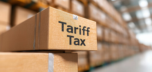 Close up of stacked cargo boxes labeled with tariff tax, showcasing organized storage in warehouse. image conveys sense of logistics and trade