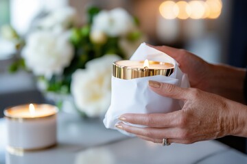 A beautifully wrapped candle is held delicately in hands, surrounded by floral decorations, evoking feelings of warmth and elegance for a serene atmosphere.