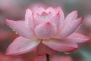 Fototapeta premium Dew-Kissed Pink Lotus Flower in Bloom - Nature Serenity for Print, Card, Poster